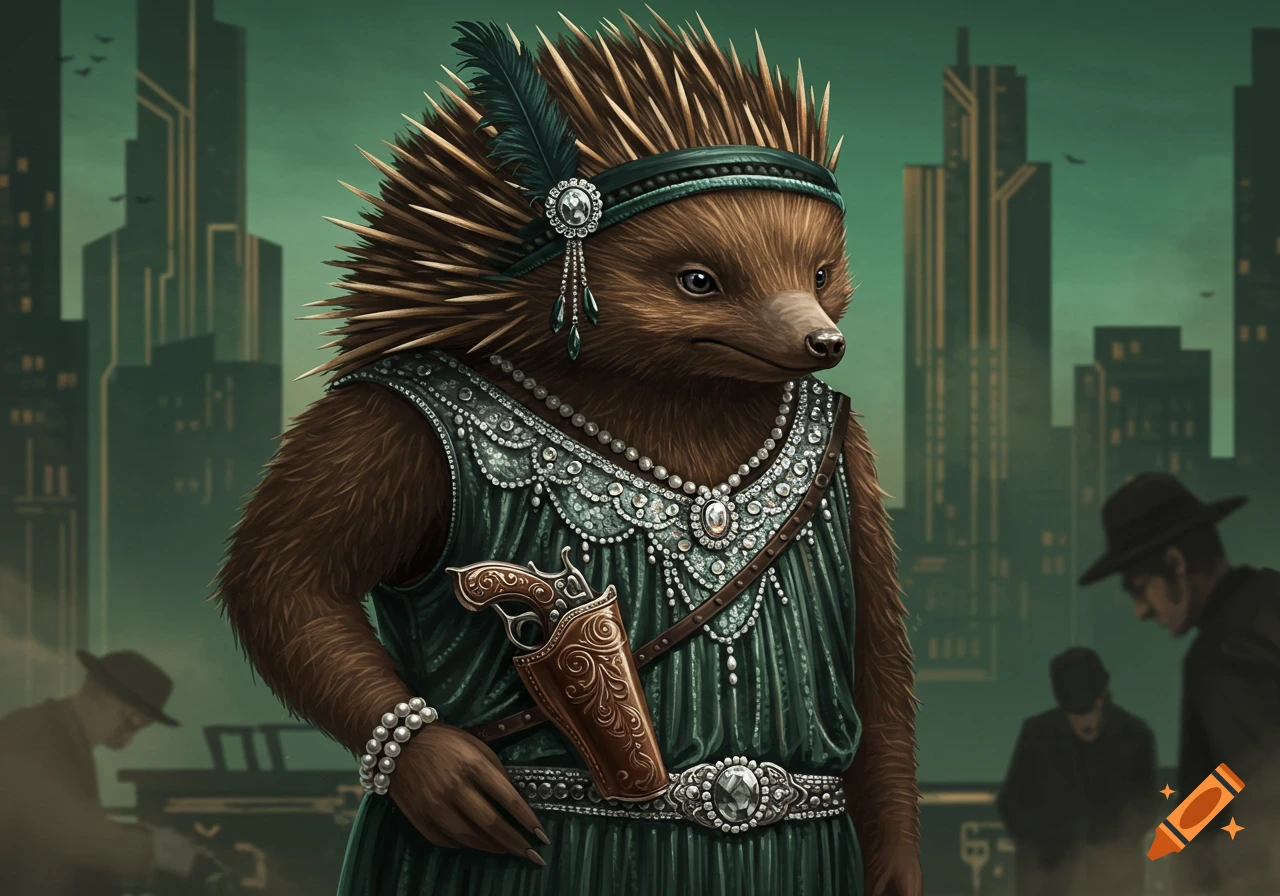 An echidna in a 1920s flapper dress with a gun holster stands in front of city buildings.