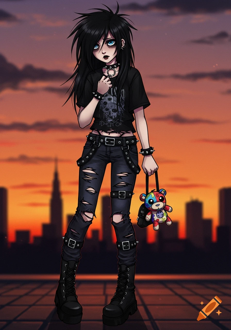 Anime girl in scene/emo fashion with a city skyline behind her.