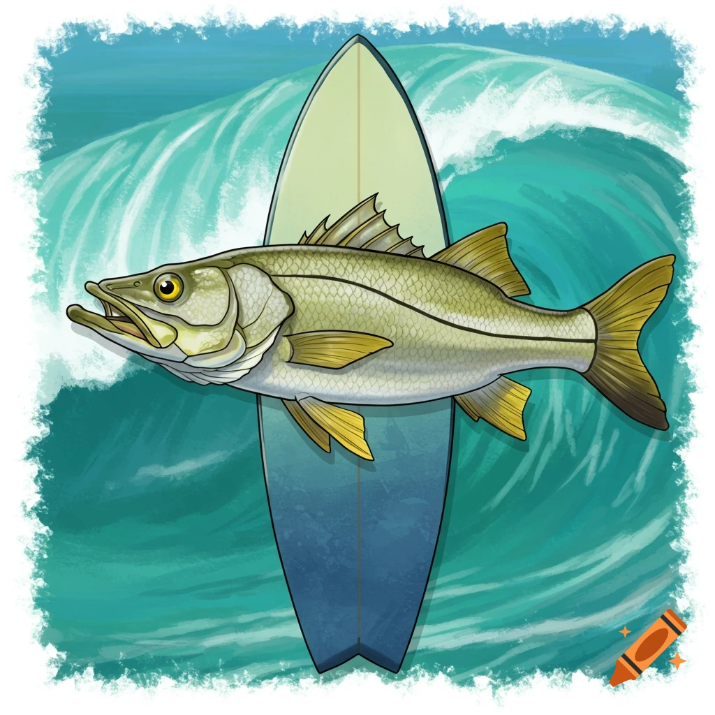An illustration of a fish positioned on a surfboard, floating in front of a curling ocean wave.