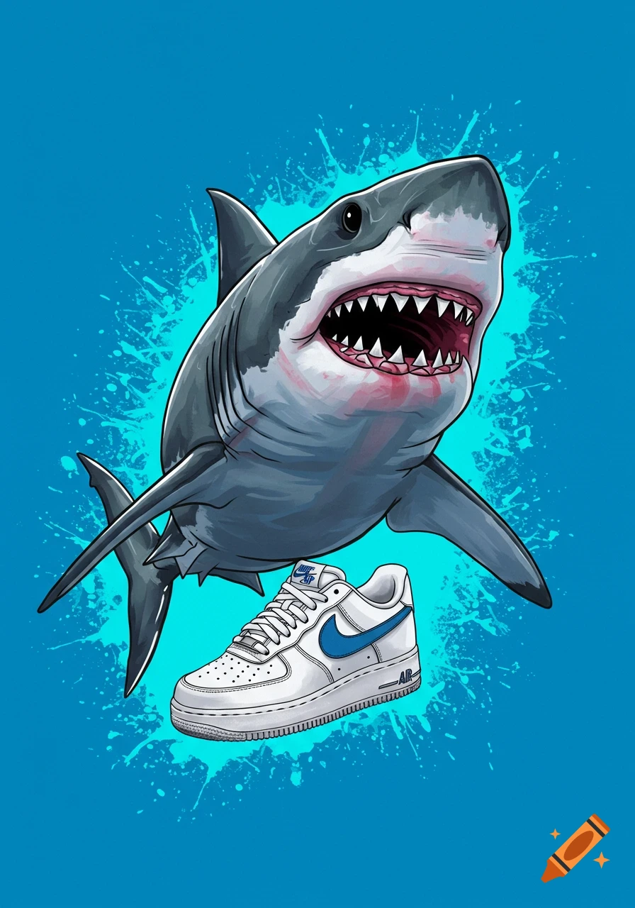 Cartoon illustration of a shark swimming behind a Nike sneaker with paint splatters.