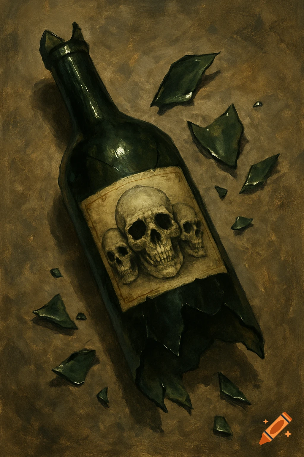 A broken green bottle with a label featuring three skulls, surrounded by glass shards, in a painterly style.