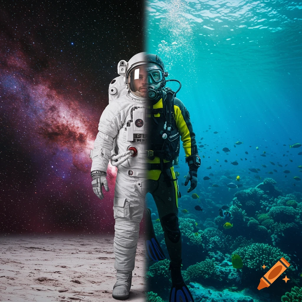 A split image showing a man as an astronaut standing on sand with a space background on the left, and a scuba diver underwater on the right.