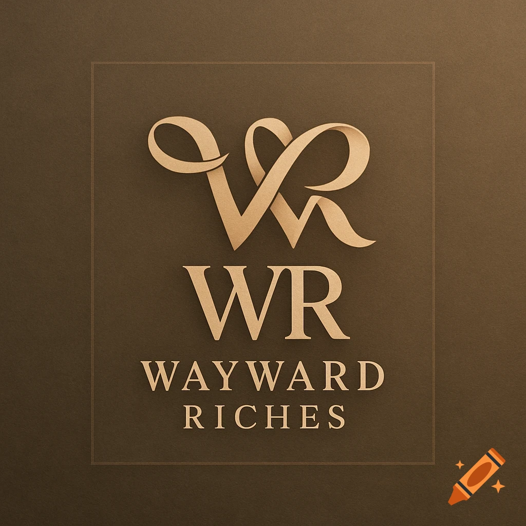 Luxury logo with stylized gold WR and text 'WR WAYWARD RICHES' on a brown background.