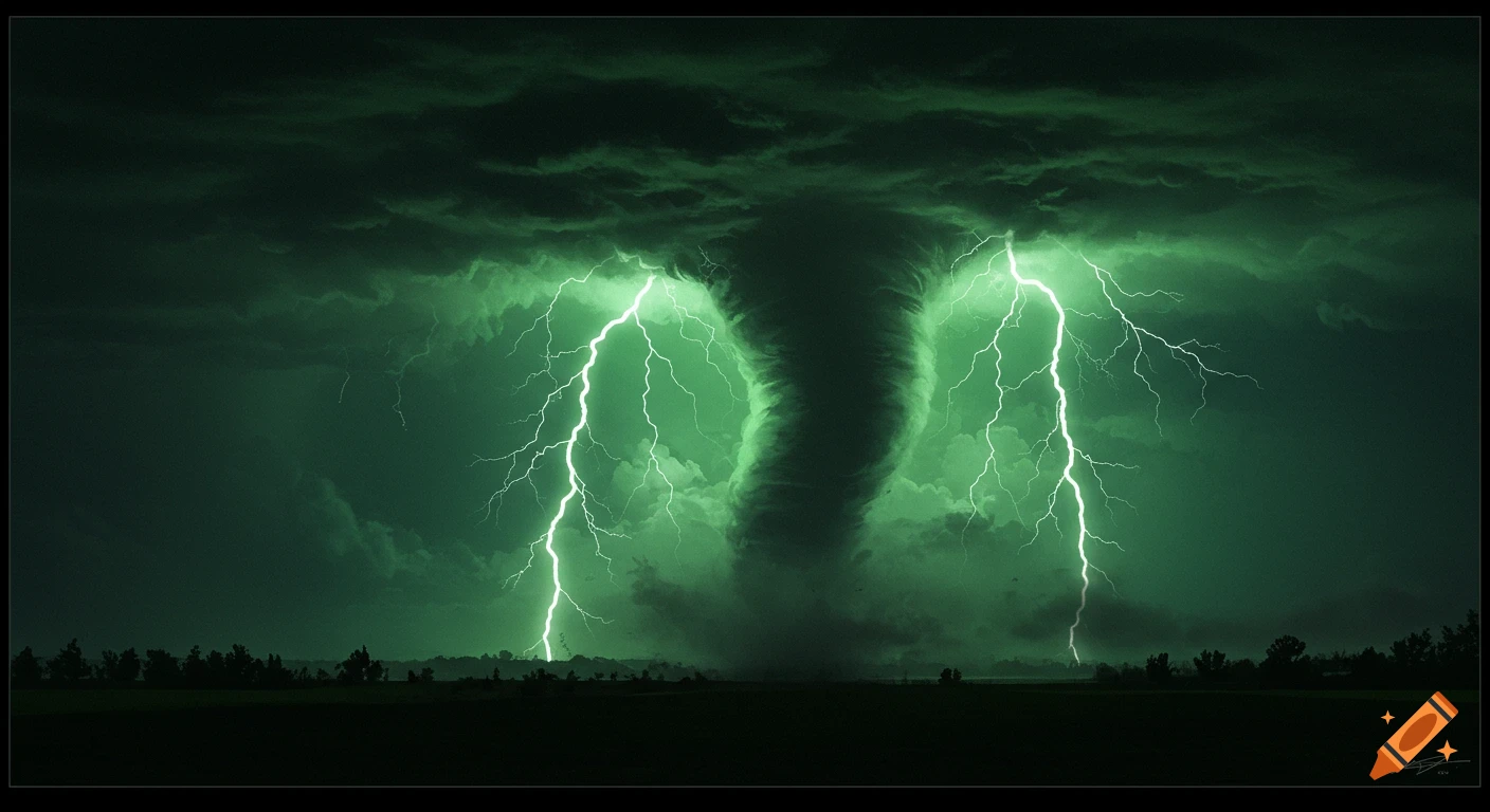 A dark tornado is illuminated by bright green lightning strikes during a stormy night.