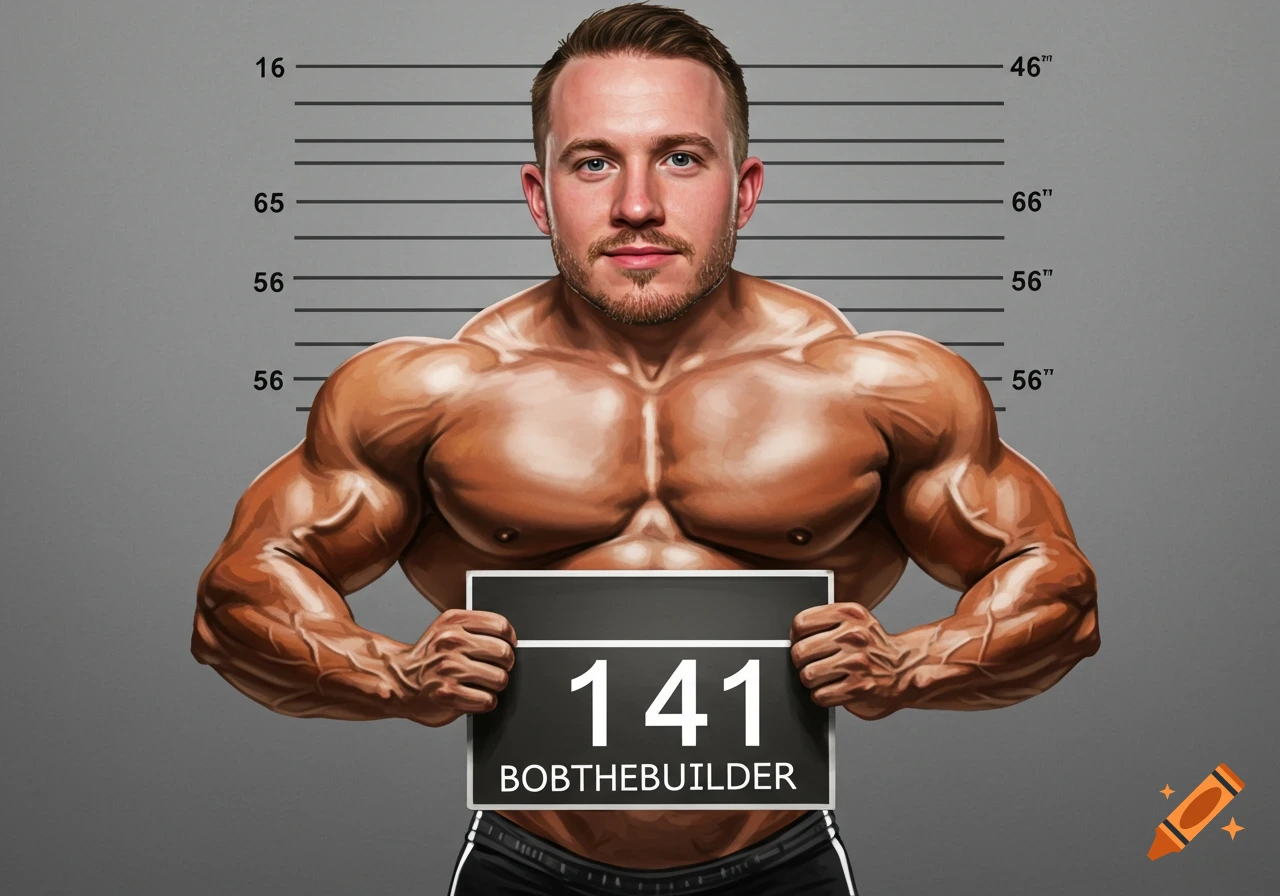 Muscular man with a cartoon head holding a mugshot sign that reads "141" and "BOBTHEBUILDER".