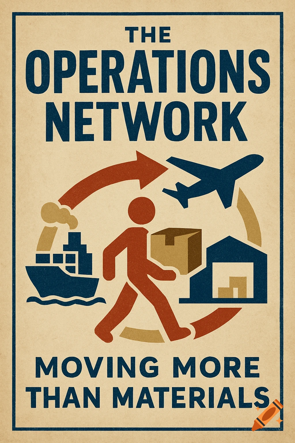 Graphic poster for 'The Operations Network' showing figures, ship, plane, and warehouse symbols with the text 'Moving More Than Materials'.