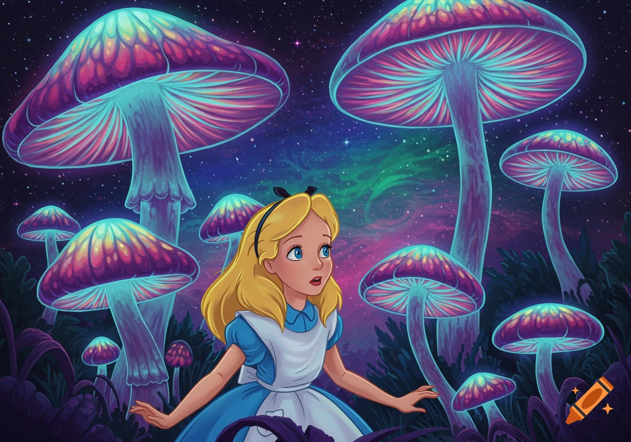 Alice in Wonderland stands among large, glowing psychedelic mushrooms under a starry sky.