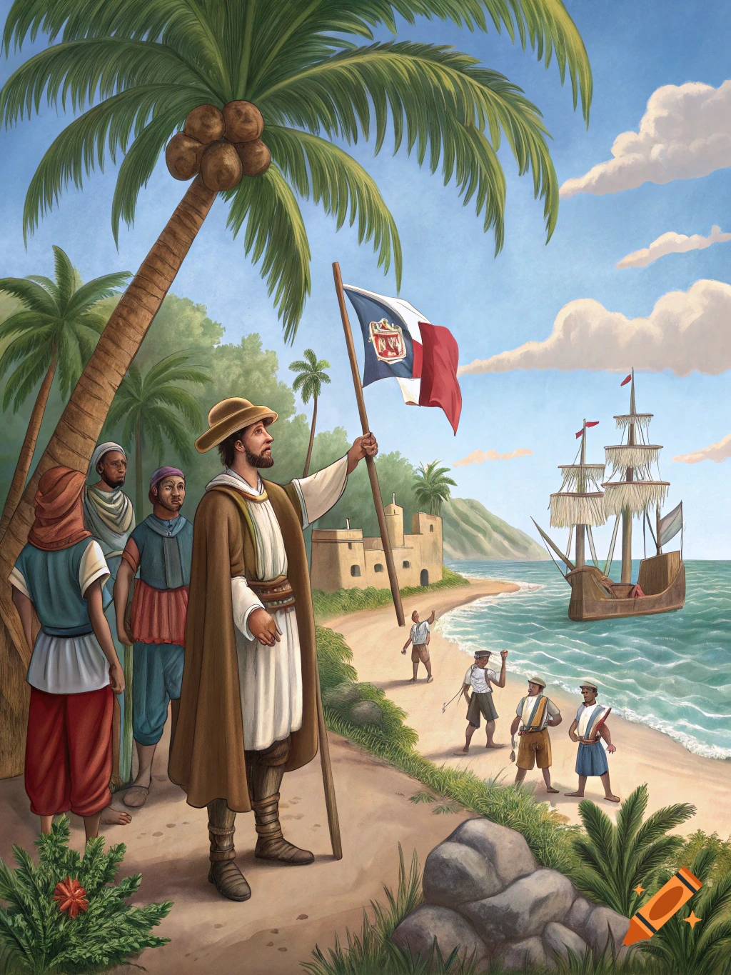 Illustration of a historical figure planting a flag on a tropical beach with other figures and a ship.