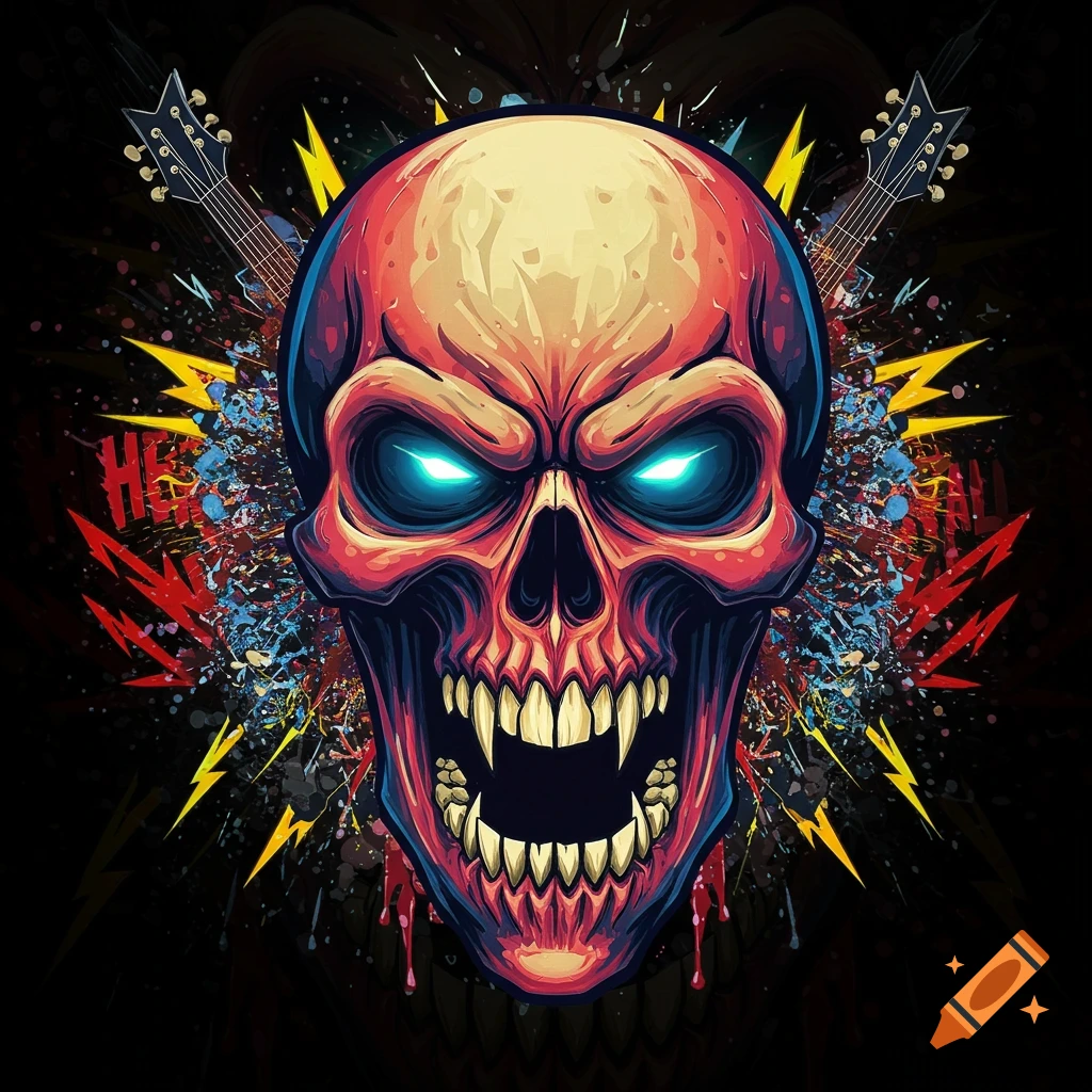 Stylized heavy metal skull mascot with glowing eyes and electric guitars against an abstract background.