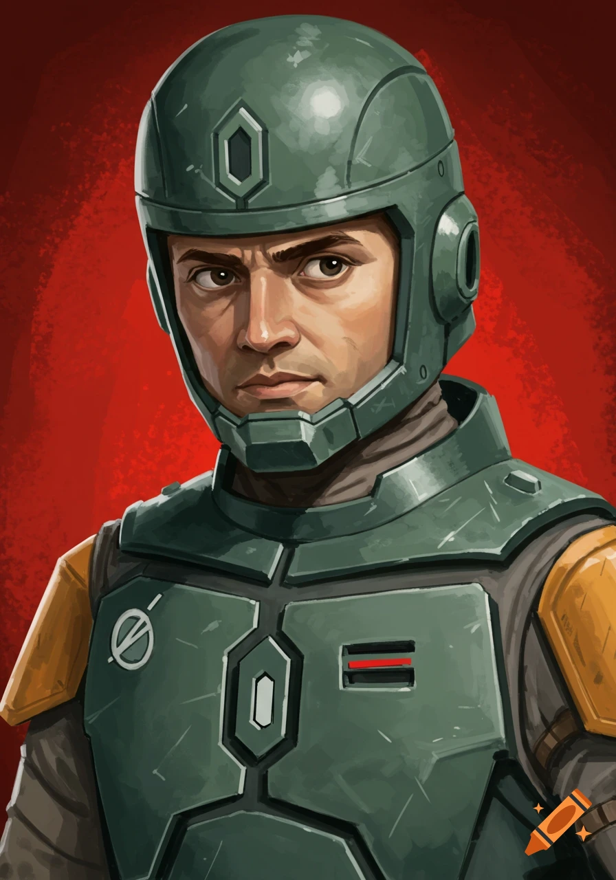 Portrait of a person in green and orange scifi armor against a red background.