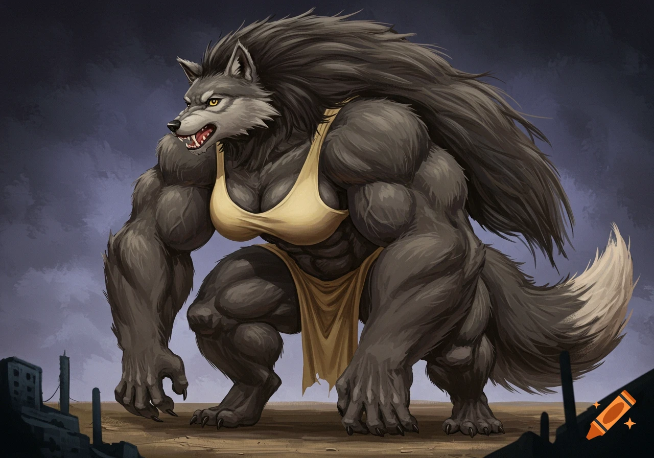 A large, muscular wolf woman wearing a sports bra stands in a desolate landscape.