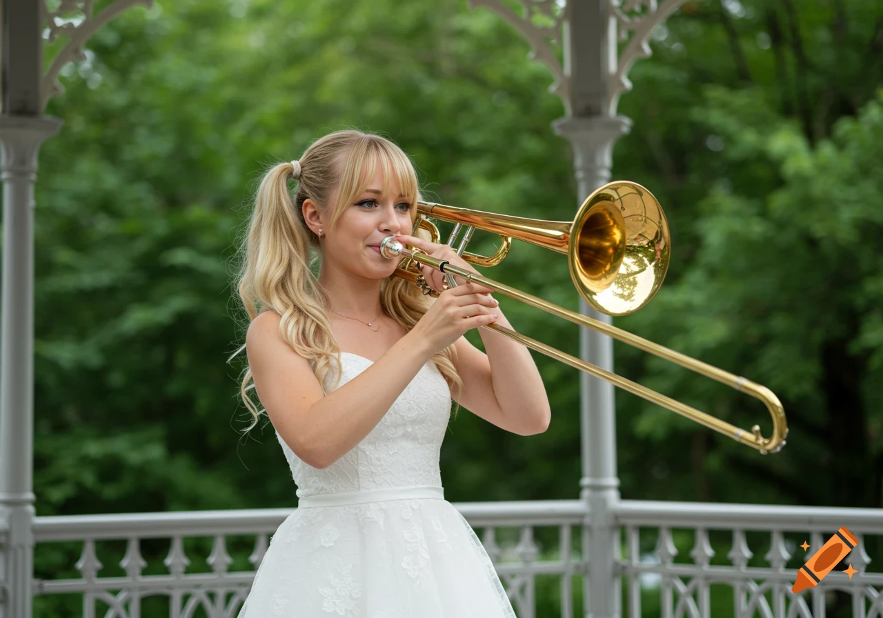 Blonde woman with twintails in a bridal dress plays a trombone in a park bandstand.