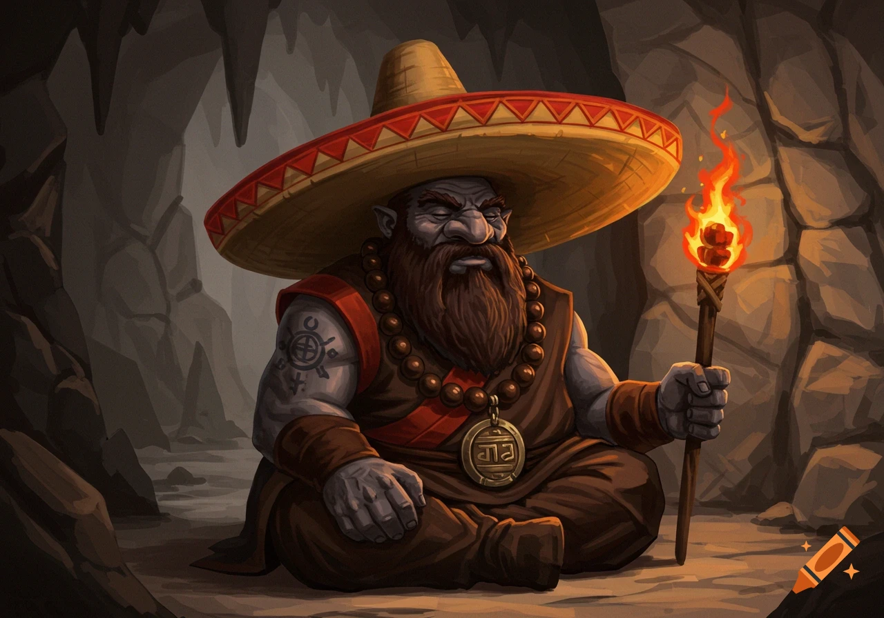 A dwarf monk with a beard and sombrero meditates in a cave holding a torch.