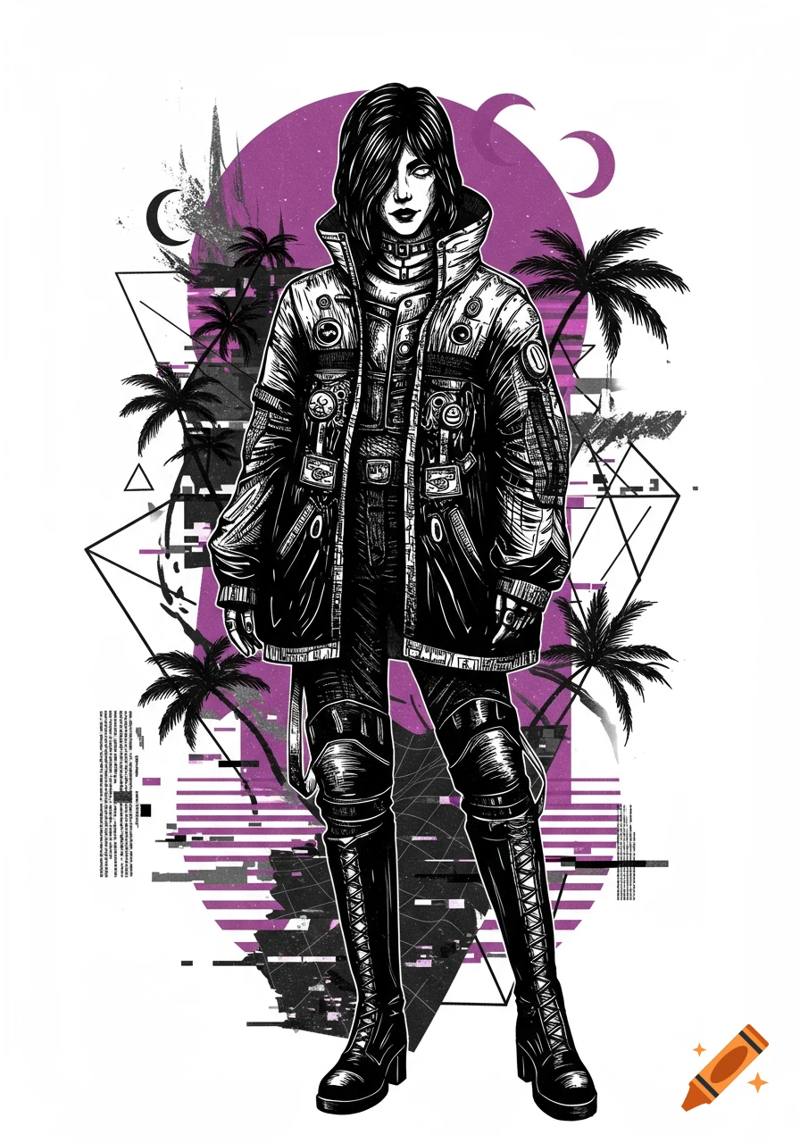 Tattoo illustration of a mysterious figure in retro-futuristic clothes with vaporwave elements like palms, moons, and glitches.