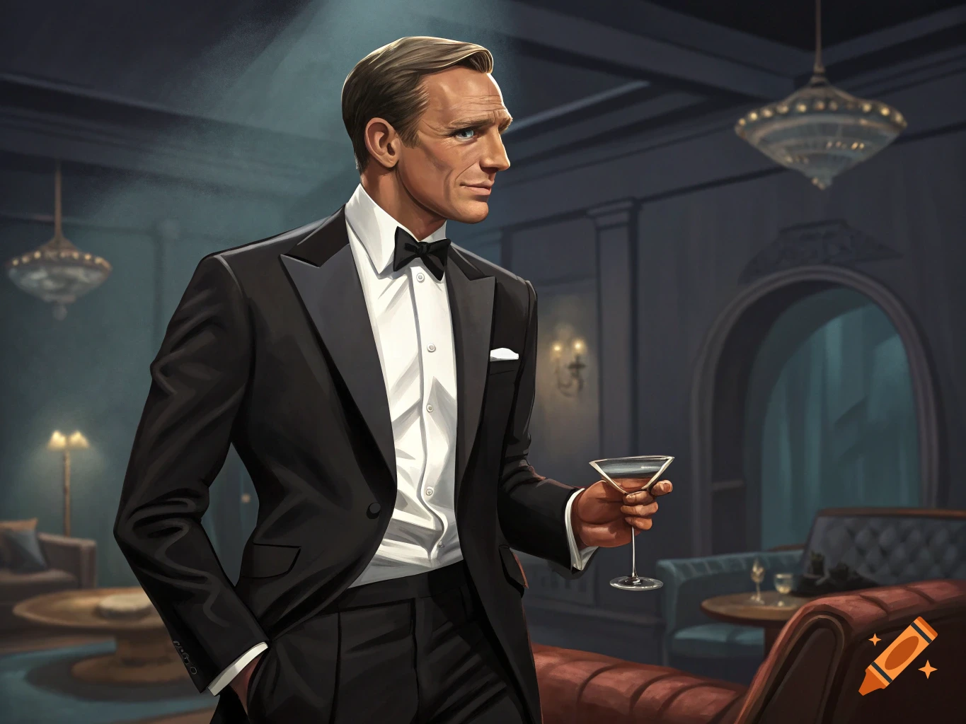 A man in a tuxedo holds a martini in a dimly lit formal room.
