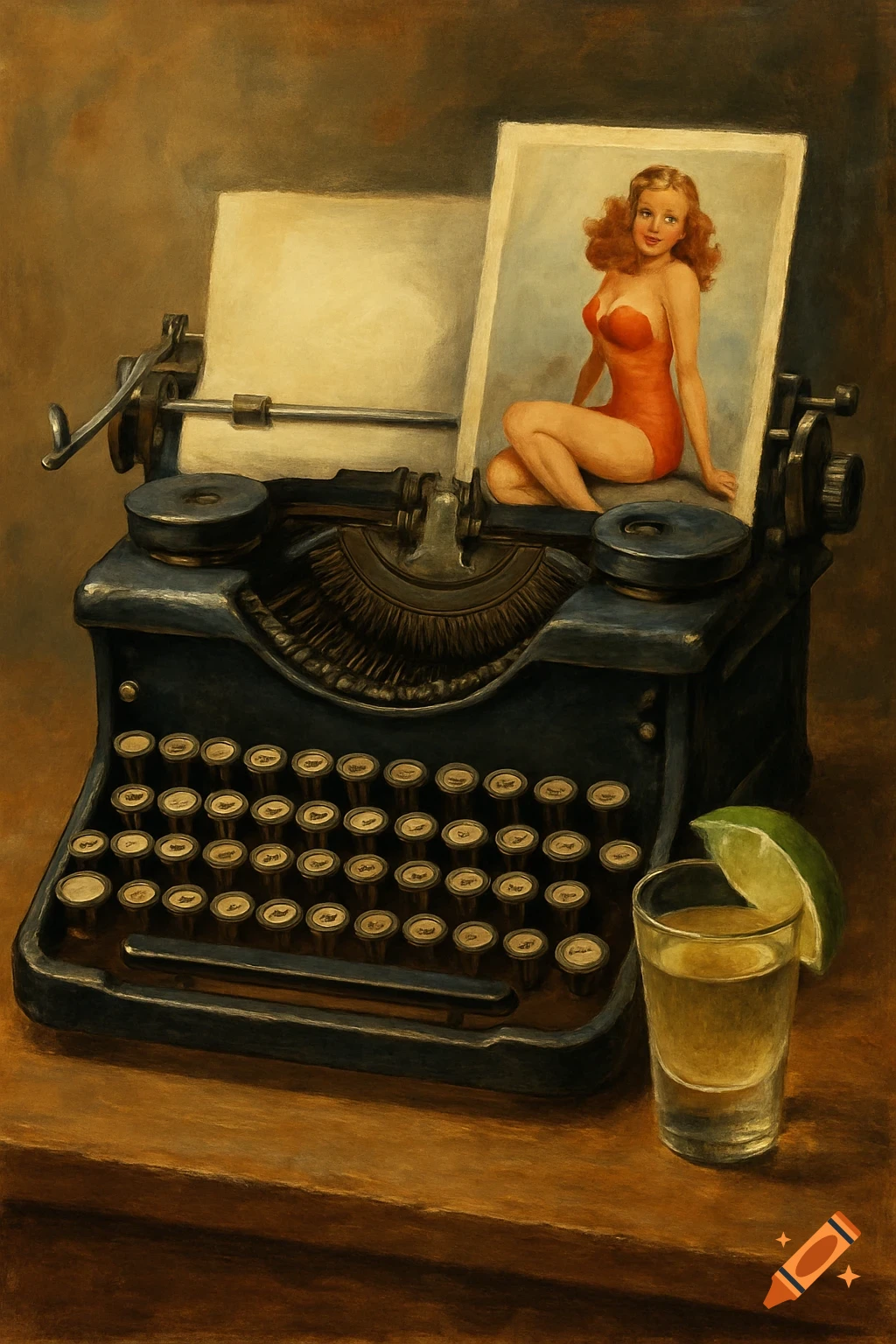 Still life painting of a vintage typewriter with a pinup photo, a tequila shot with lime on a wooden table.