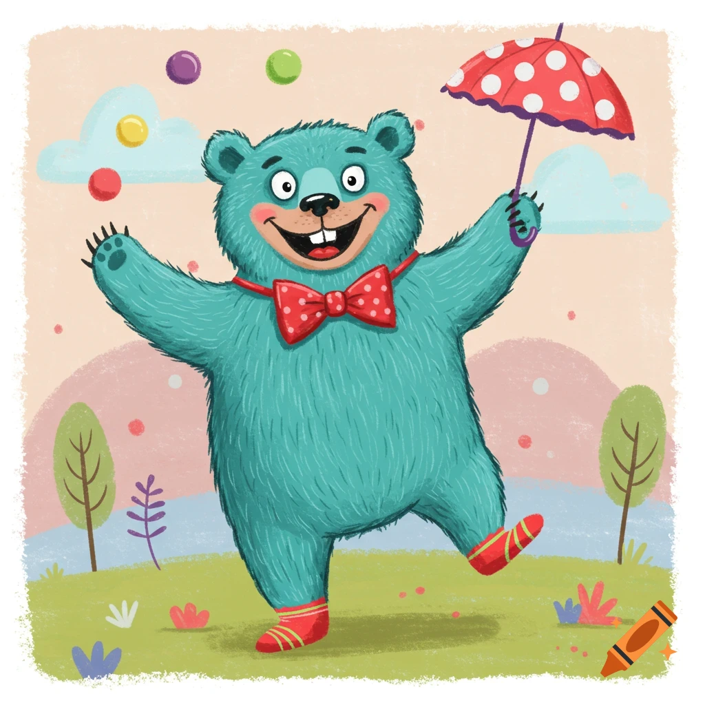 Cartoon bear juggling balls and holding an umbrella, wearing a bow tie and socks, illustrated in a crayon style.