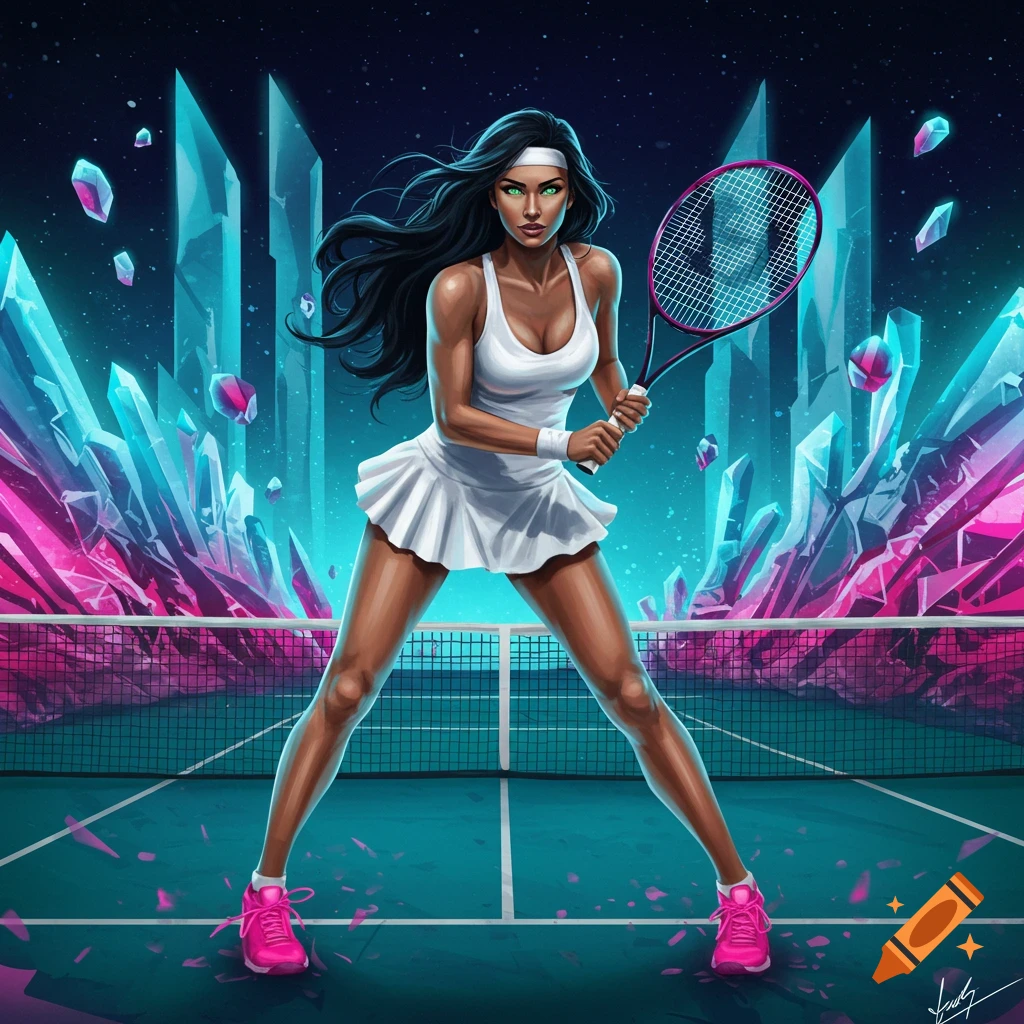 A woman plays tennis on a court with large glowing pink and blue crystals in the background.