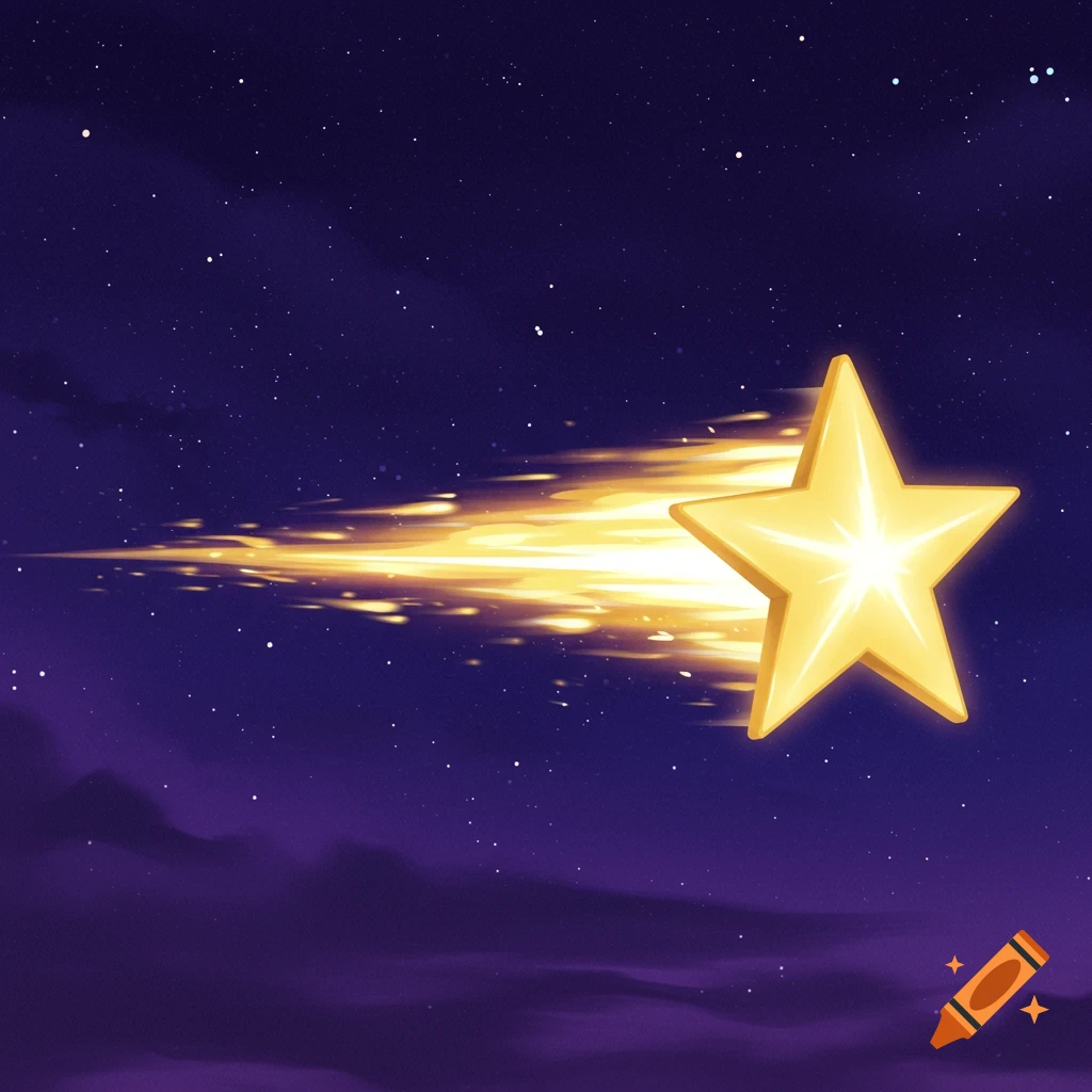 A stylized golden star shooting across a starry night sky with a bright trail.