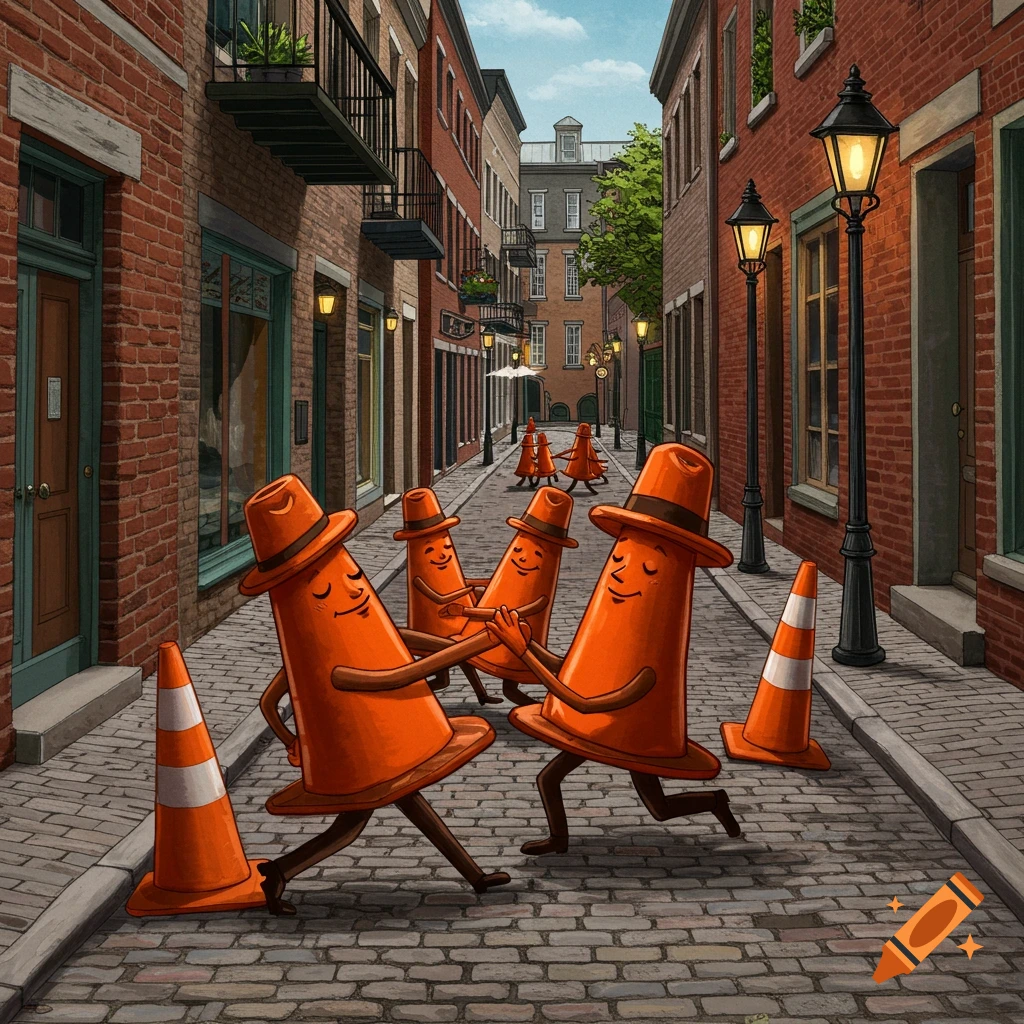 Orange traffic cones with faces and hats dancing tango in a cobblestone street.