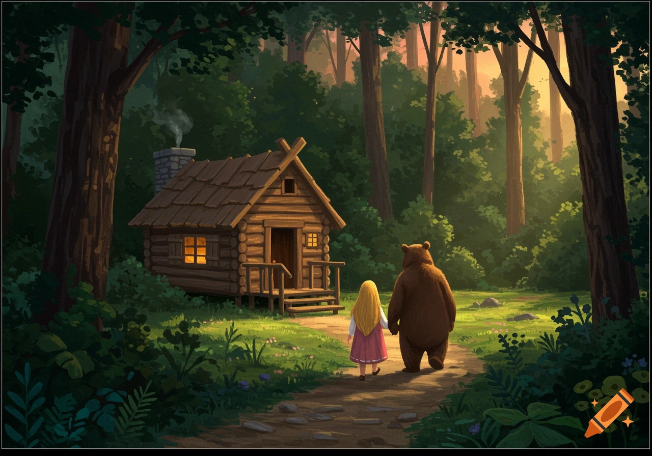 A girl and a bear walk towards a log cabin in a sunlit forest, illustration style.