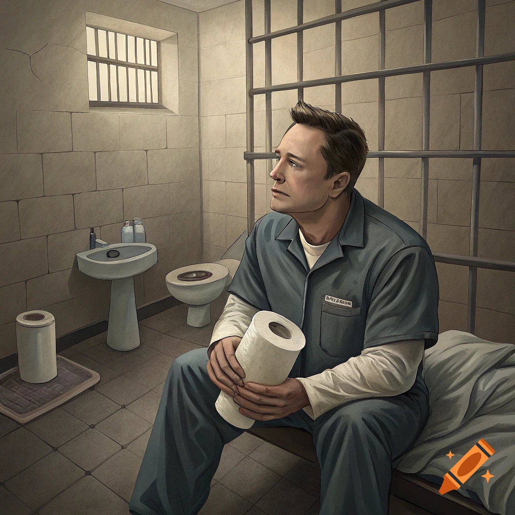 A man resembling Elon Musk sits in a jail cell holding toilet paper.