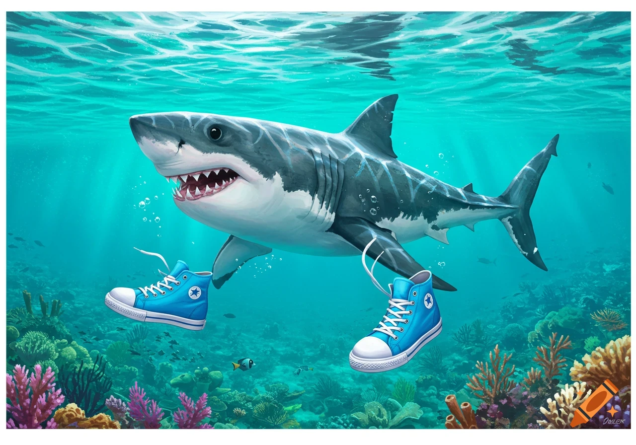 A shark swims underwater wearing blue sneakers.