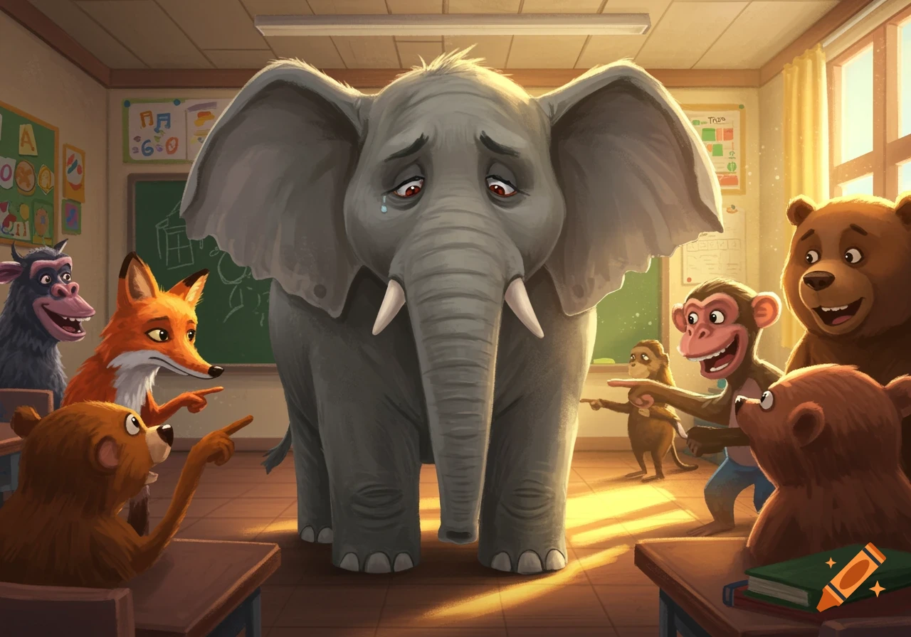 Cartoon illustration of a sad elephant crying in a classroom, being pointed at and laughed at by other cartoon animals like a fox, bears, and monkeys.