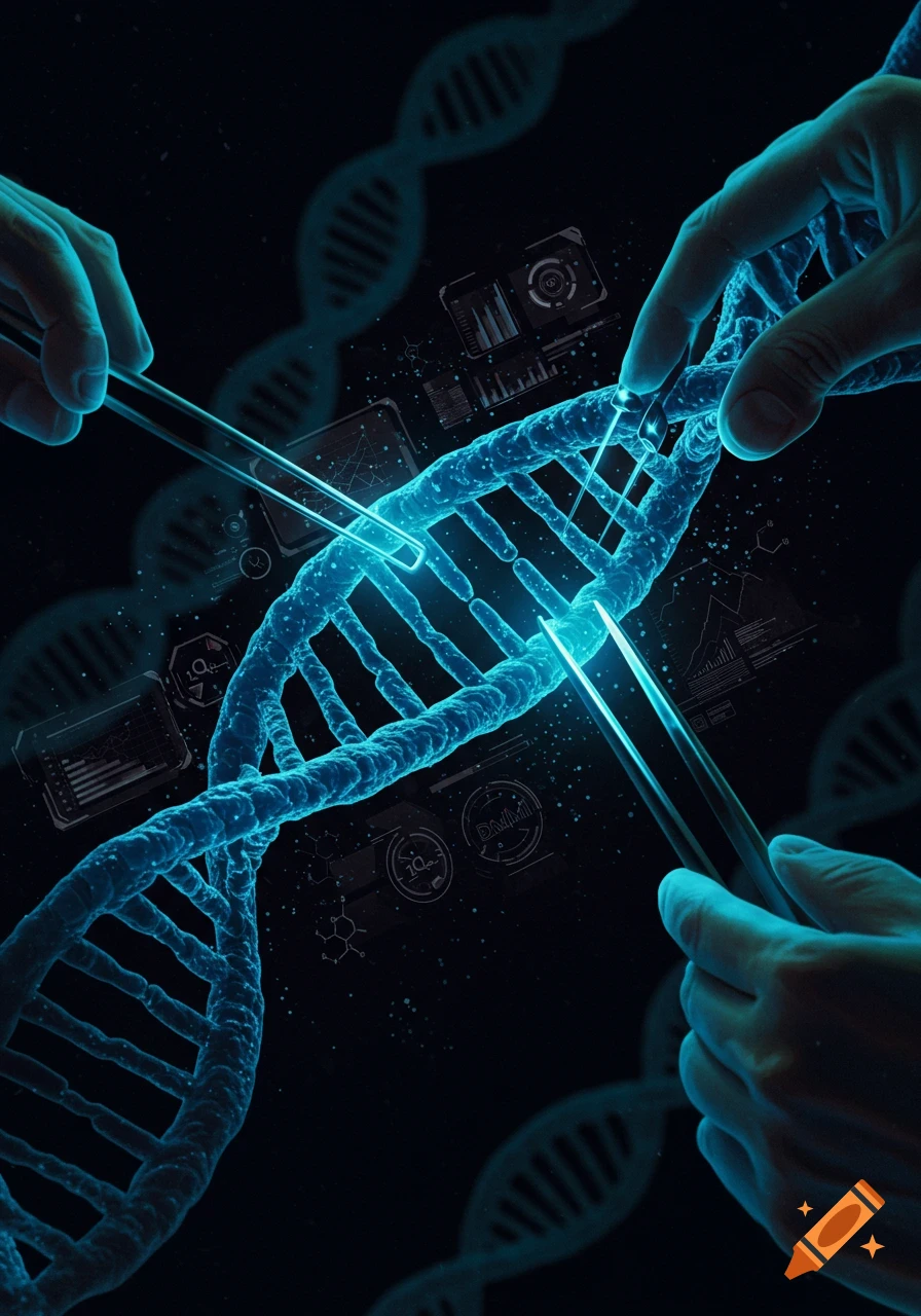 Hands using tweezers on a glowing blue DNA helix with digital displays in the background.