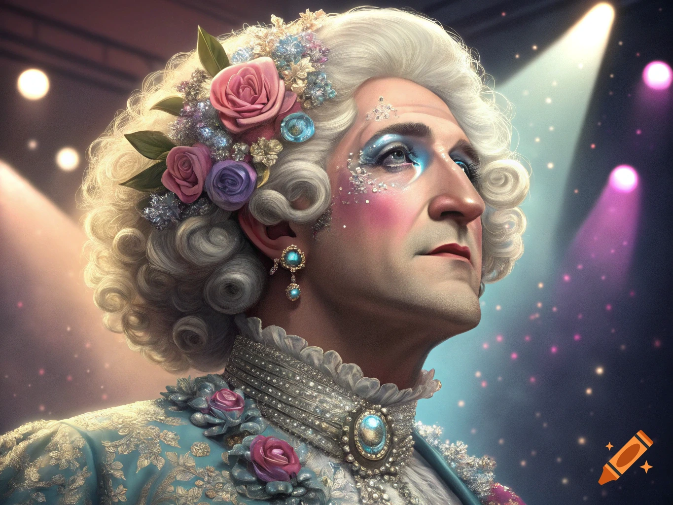 Close-up portrait of a person in elaborate historical costume, white wig, and heavy makeup, adorned with flowers and jewels, under stage lights.