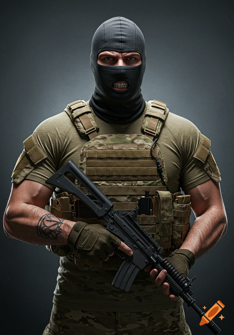 A man in a black balaclava and tactical gear holds a rifle, glaring at the camera.