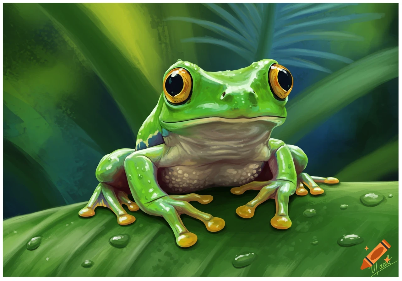 A bright green frog with large yellow eyes sits on a large green leaf covered in water droplets. Digital painting.
