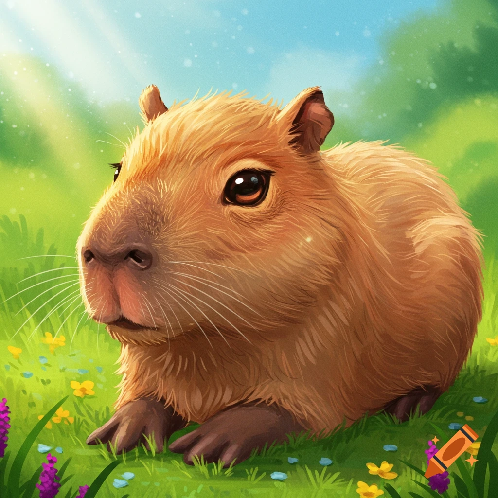 Cute capybara in a sunny field with flowers, illustration style.