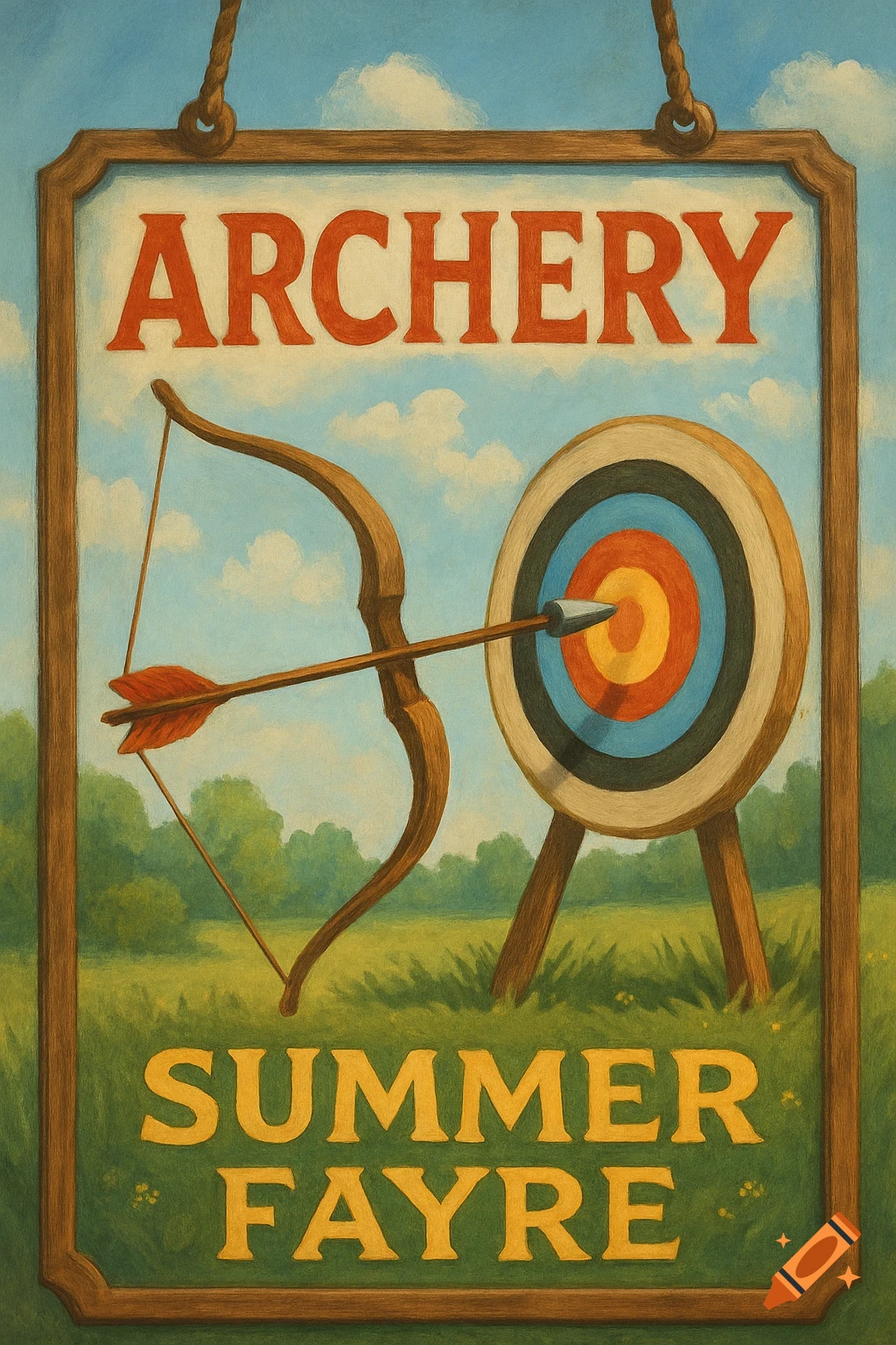 A painted sign for 'ARCHERY SUMMER FAYRE' featuring a bow, arrow, and target in a field.