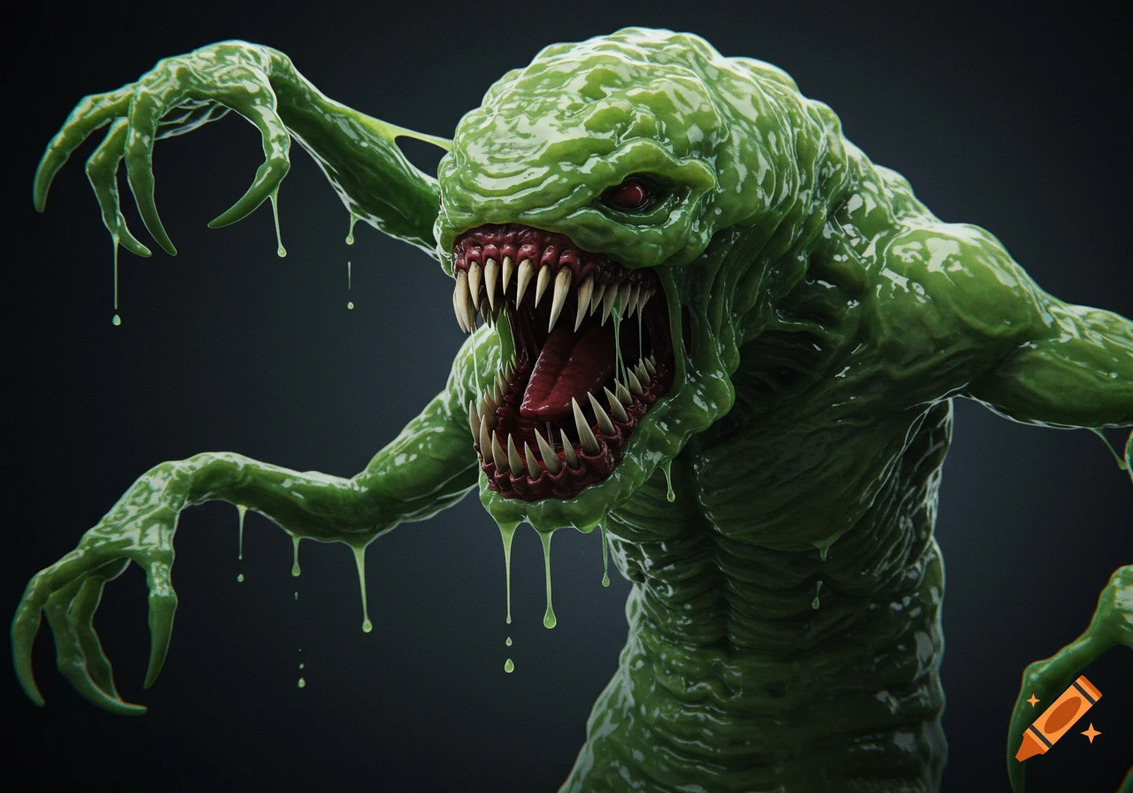 A close-up of a green slimy monster with sharp teeth and claws dripping goo.