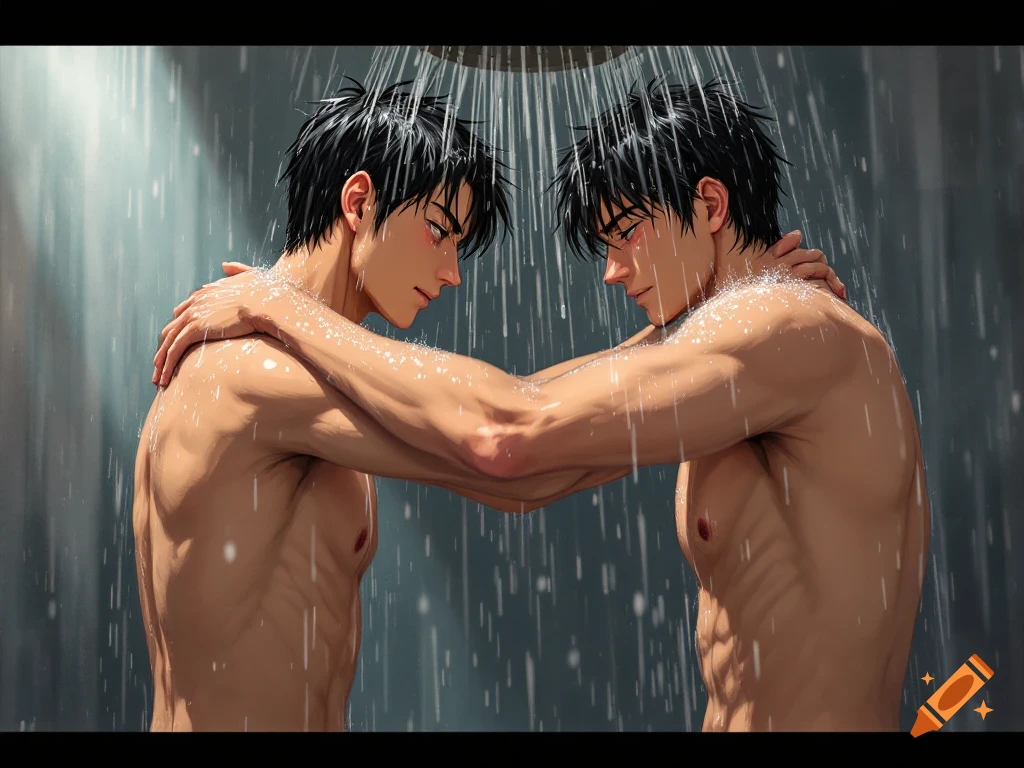 Two anime-style male figures embracing in a shower