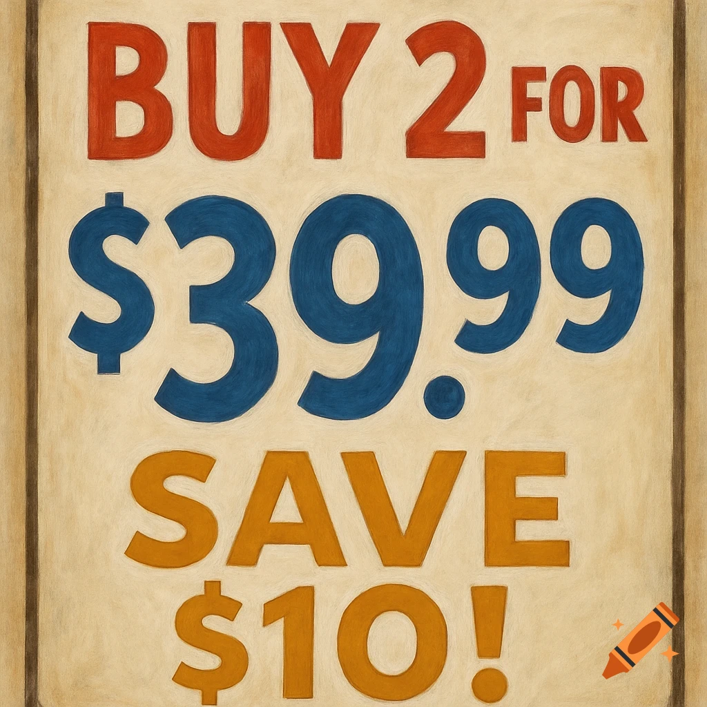 A sign with text reading "BUY 2 FOR $39.99 SAVE $10!"