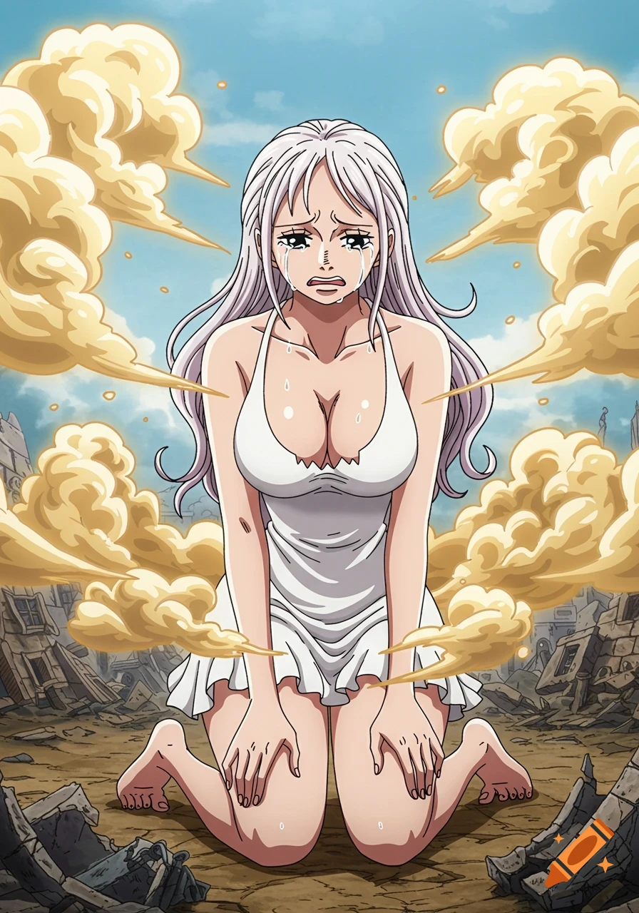 Anime female character with white hair cries while kneeling in ruins, surrounded by golden smoke.