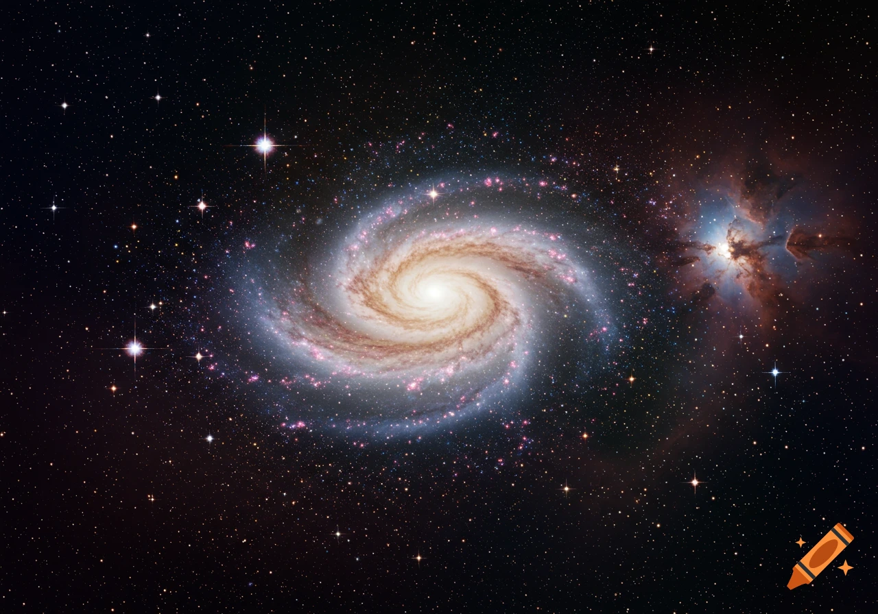 A large spiral galaxy and a bright nebula set against a field of countless stars in deep space.