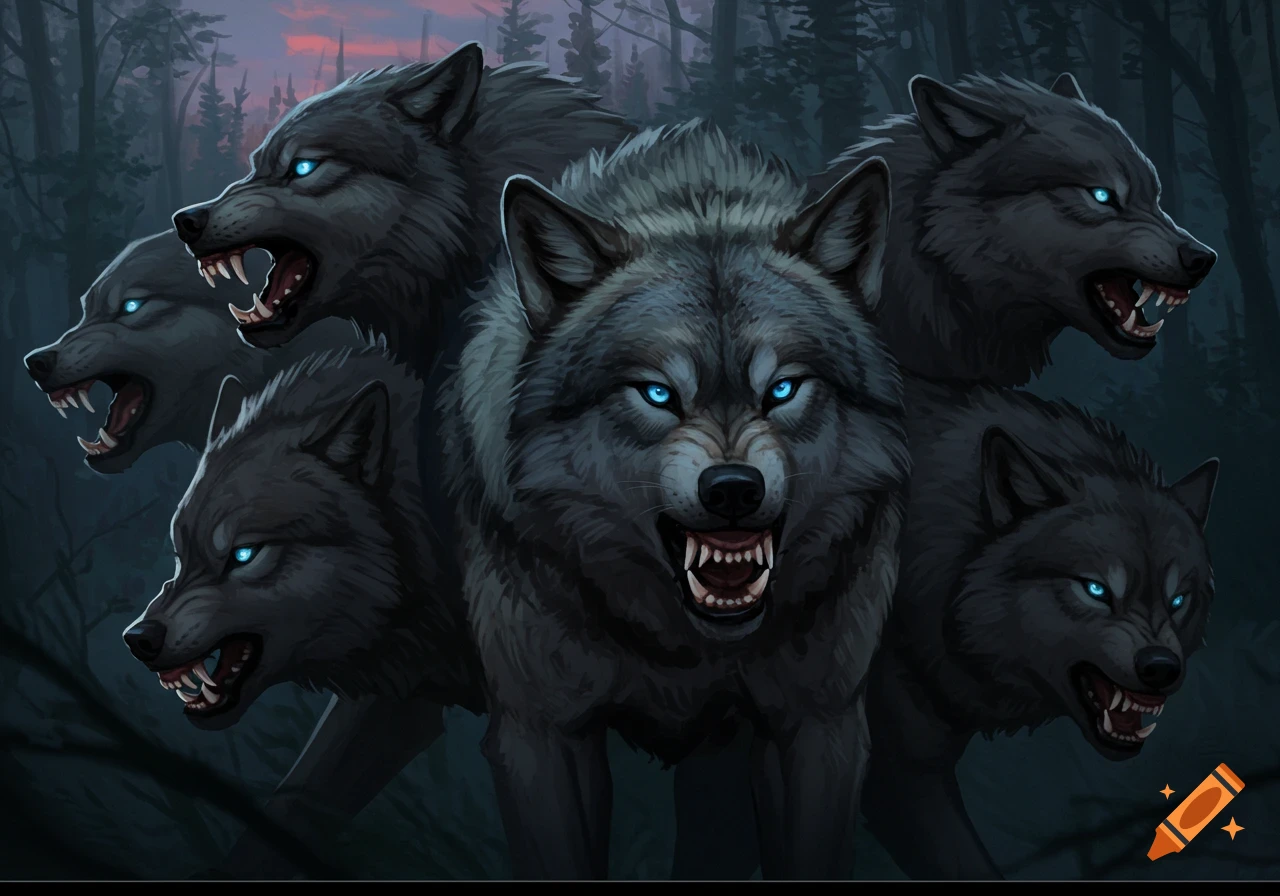 A pack of aggressive wolves with glowing blue eyes snarls from the darkness of a forest.