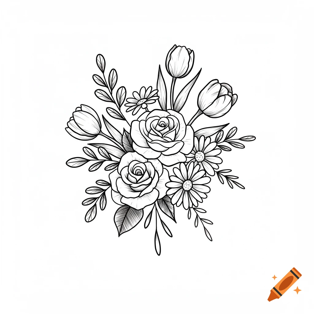 Black outline drawing of a bouquet of roses, tulips, and daisies in tattoo style