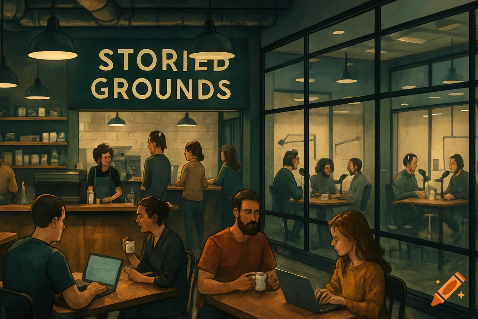 Painterly style image of a busy coffee shop with a sign reading 'Storied Grounds', featuring people working and separate broadcasting rooms.