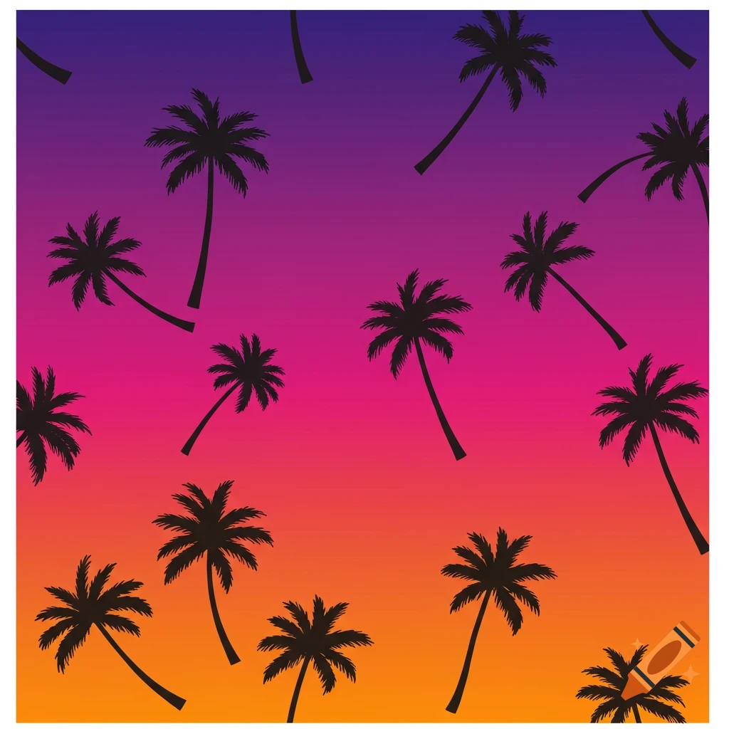Palm tree silhouettes against a purple, pink, and orange gradient sunset background.