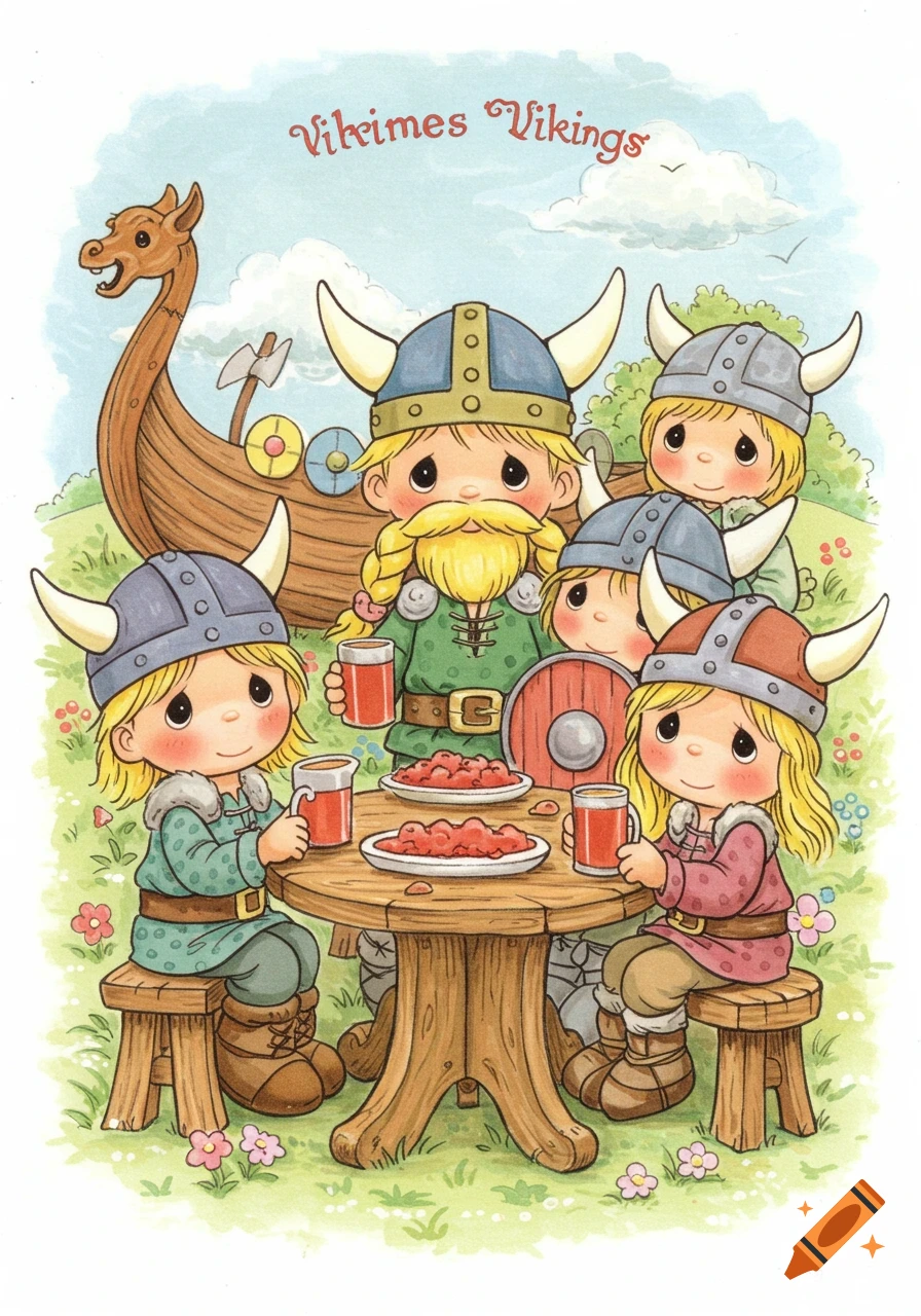 Cartoon Vikings in a cute style gathered around a table with food and drinks, with a longship in the background.