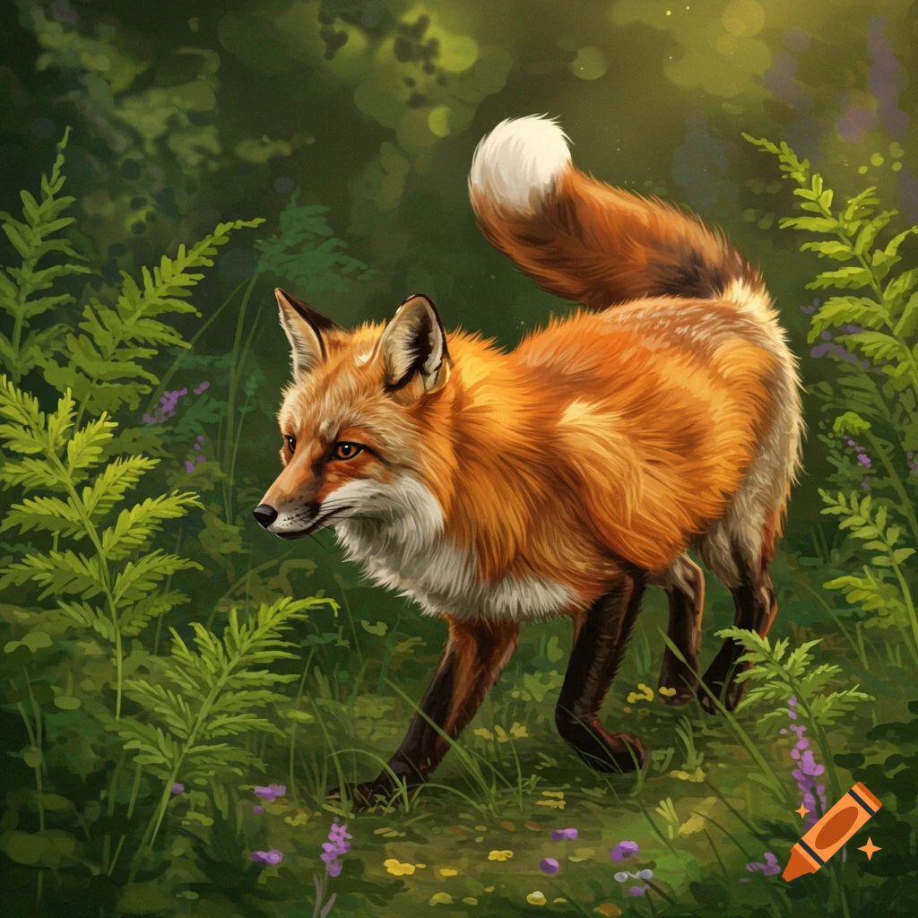 An illustration of a red fox walking through a lush green forest.