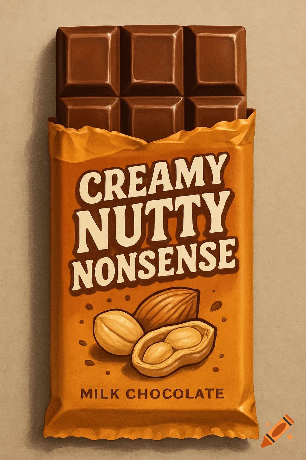 A chocolate bar with an orange wrapper featuring the text "CREAMY NUTTY NONSENSE" and "MILK CHOCOLATE," with illustrations of nuts.