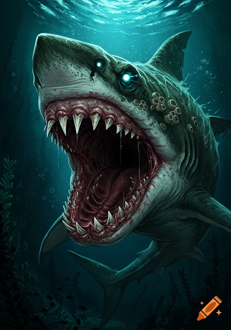 A monstrous shark with glowing eyes and open mouth full of teeth swims in deep water.