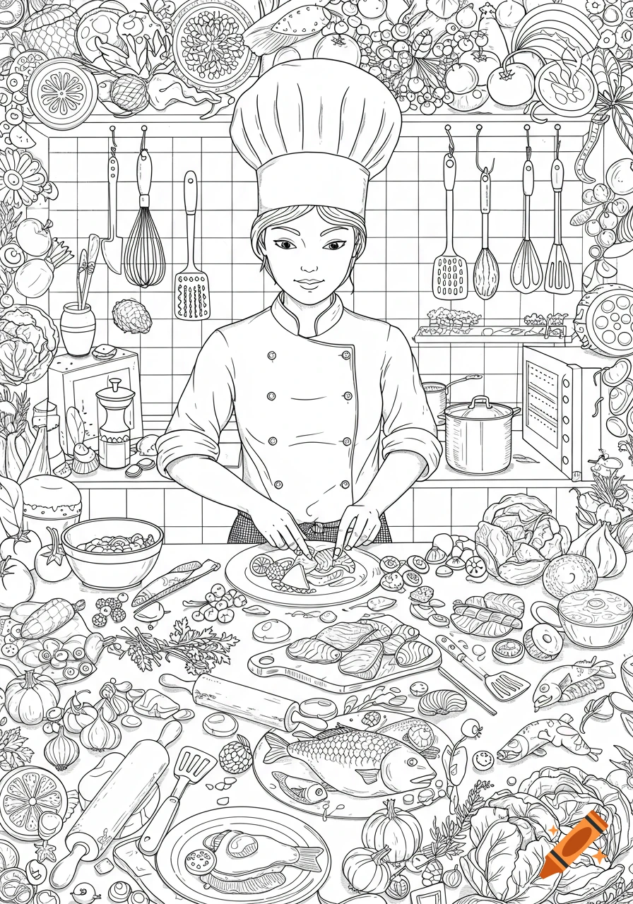 Black and white line art coloring page of a chef preparing food in a kitchen.
