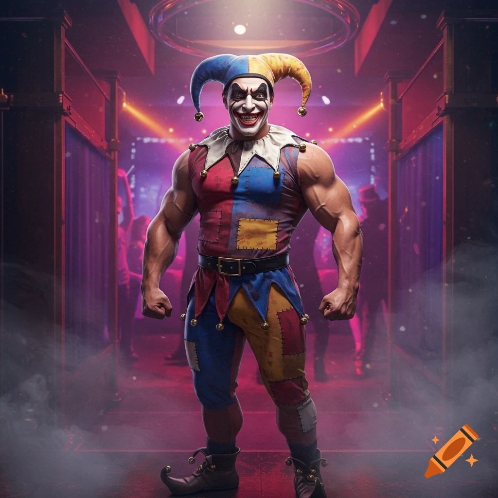 Muscular jester standing in a dimly lit hallway with red and purple lights