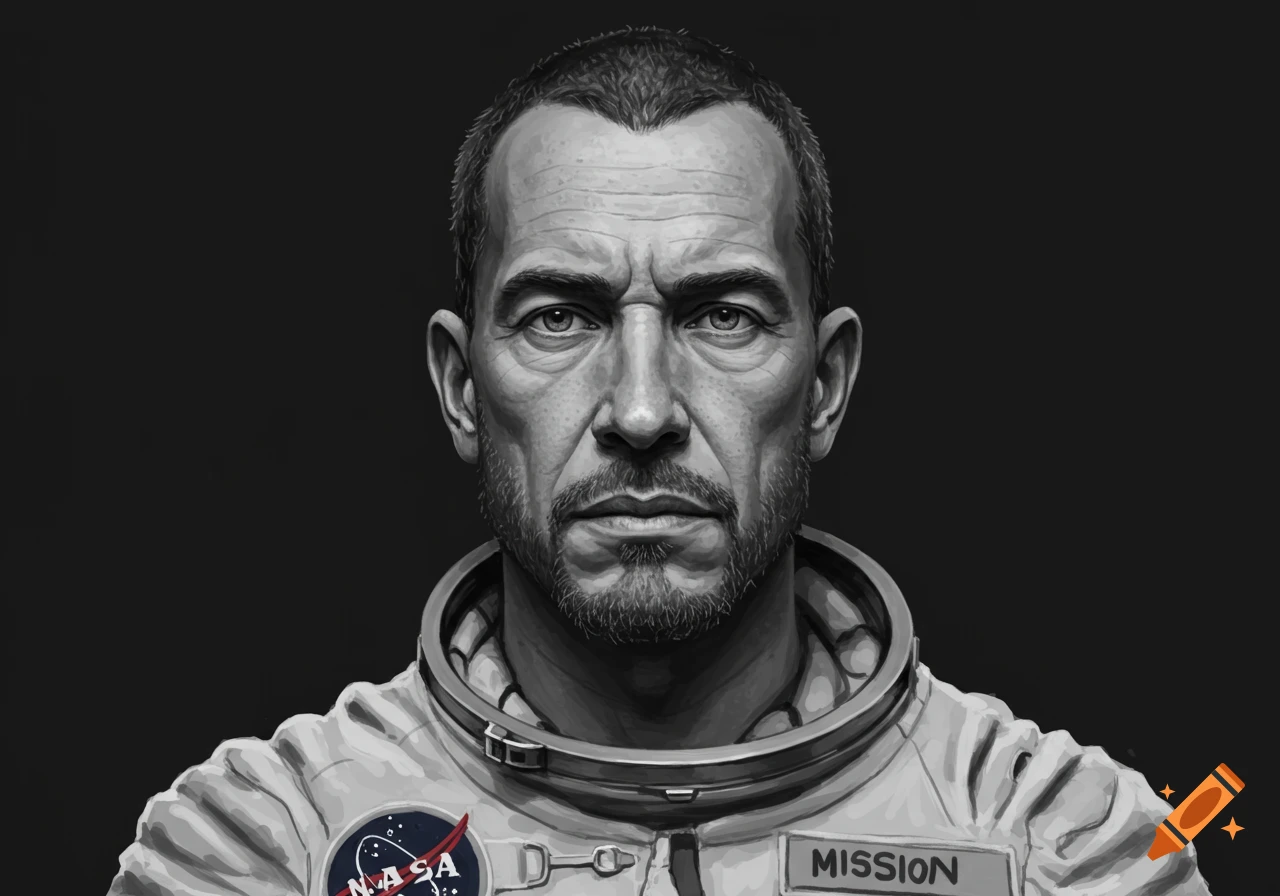 Black and white portrait of a man in an astronaut suit.